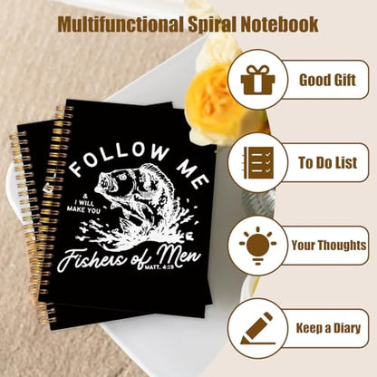 WUCHJ Black Retro Fish Christian Notebook, Matthew 4:19 Bible Verse Journal, Religious Scripture Spiral Notebook Journal for Note Taking, Christian Faith Based Gifts for Women Men, 5.5x8.3 Inch - color: black fish follow me