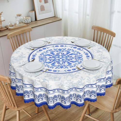 Blue Floral Tablecloth Round, Boho Vintage Baroque Elegant Ceramic Tiles Country Rustic Water Resisitant Wipeable Table Cover for Dining Kitchen Living Room Home Party Holiday Decor 36 inch Round - color: Tc-blue Floral03, size: 36" (Round)