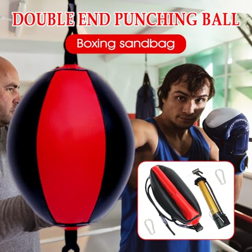 Reflex Boxing Ball, Punching Bag Set, Double End Feature Training Equipment, Pu Leather Ball with Carabiners and Headband, Speed and Reaction Hand Eye Exercise, Home Gym Use for Boxing 12x12 Inches - color: Red