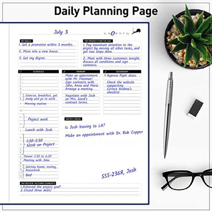 Day Planner - Professional Goal Planner, Calendar & Gratitude Journal to Increase Productivity, Time Management & Happiness - Vegan Leather Softcover, 24 Hourly, Undated 6 Months Work Planner - color: Blue, size: Large