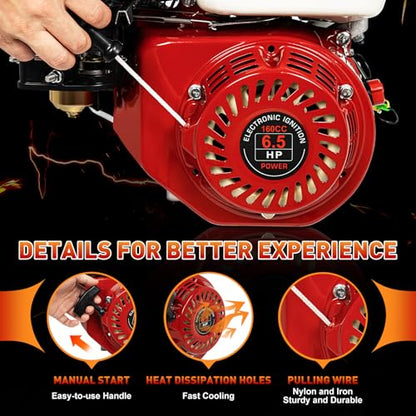 Gas Engine 4-Stroke 200cc 6.5HP, OHV Air Cooled Horizontal Motor 3600RPM, Pull Start Small Engine Power Unit, Single Cylinder Low Fuel Consumption Design, for Go Kart, Water Pump, Tiller, Cleaner