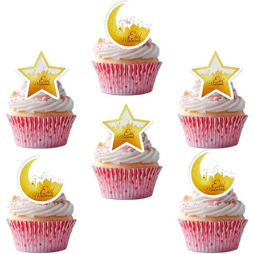 50 PCS Edible Eid Mubarak Cupcake Topper Wafer Paper Moon Star Cake Toppers Edible Eid Mubarak Party Decorations for Ramadan Kareem Theme Islamic Muslim Party Cake Decorations Supplies Gold - color: Style 3