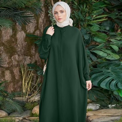 ODASDO Muslim Dresses for Women Abaya Button Down Henley Shirt Prayer Dress Batwing Long Sleeve Middle East Arabian Robe - color: Dark Green