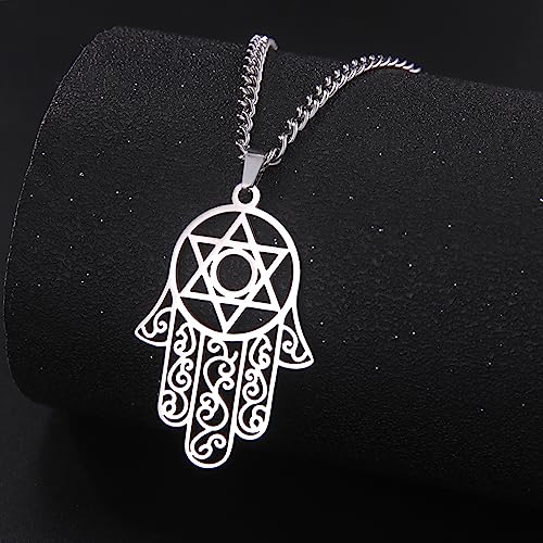 Hamsa Hand of Fatima Hexagram Necklace Star of David Evil Eye Pendant Jewish Female Protection Amulet Symbol Jewelry Women Men - color: silver