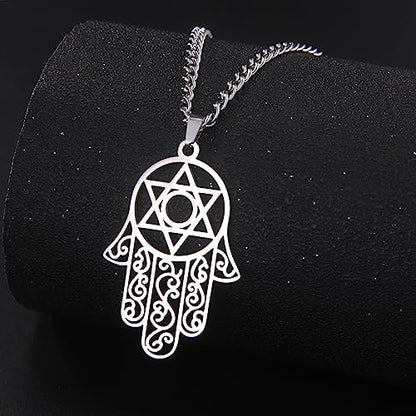 Hamsa Hand of Fatima Hexagram Necklace Star of David Evil Eye Pendant Jewish Female Protection Amulet Symbol Jewelry Women Men - color: silver