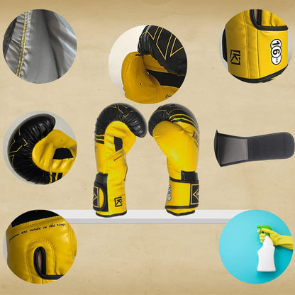 Boxing Gloves & Muay Thai Shin Guards for Men and Women, MMA Kickboxing Shin Pads Set, Adjustable Shin Guards with Instep Protection, Sparring & Martial Arts Training Gear - color: Gray-Yellow, size: 12 oz