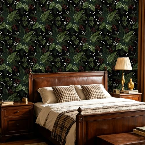 Dark Green Botanical Berries Peel and Stick Wallpaper 17.5" x 118" | Self-Adhesive, Removable Waterproof Contact Paper for Bedroom, Bathroom, Cabinets, Accent Wall, Laundry Room - color: Black/Dark Green, size: 17.5" x 118"