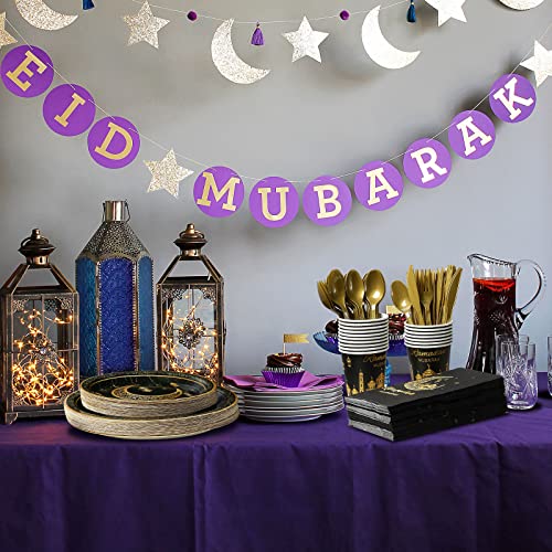 Ramadan Party Supplies Decorations for Home Serve 50, Eid Mubarak Ramadan Black and Gold Plates and Napkins Set, Disposable Paper Plates Napkins Cups Knives Spoons Forks for Ramadan Party Decorations