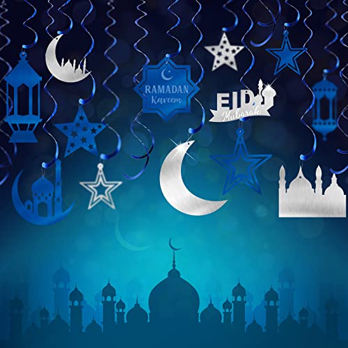 Yisong 30 Pcs Eid Mubarak Decorations Ramadan Kareem Hanging Swirls Ramadan Swirls Decorations Eid Ceiling Hanging Streamers for Mubarak Al-fitr Party Supplies Decoration(Blue)