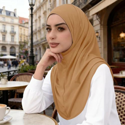 Instant Hijab Ready To Wear Hijab Scarf for Women Soft Long Muslim Jersey Hijabs Head Scarf for Prayer Abaya - color: Camel