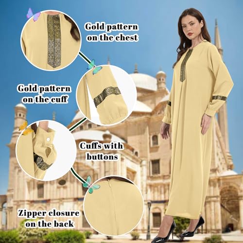 GYQMBT Womens Muslim Printed Abaya,Long Sleeve Zipper Islamic Robe Prayer Clothes with Hijabs - color: Khaki, size: Small