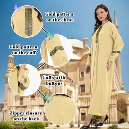 GYQMBT Womens Muslim Printed Abaya,Long Sleeve Zipper Islamic Robe Prayer Clothes with Hijabs - color: Khaki, size: Small