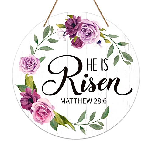 SICOHOME He is Risen Easter Decor - 11.8" He is Risen Door Sign Religious Christian Gift Vintage Floral Easter Door Decorations for Home Wall Farmhouse Indoor Outdoor Spring Hanging Sign - color: He is Risen 1