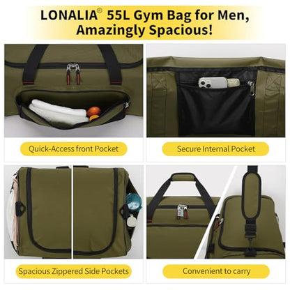 55L Large Sports Duffle Bag for Men, 22 Inch, Olive Green | Heavy Duty, Gym Duffel Bag, Multi Pockets, Spacious - color: Olive Green