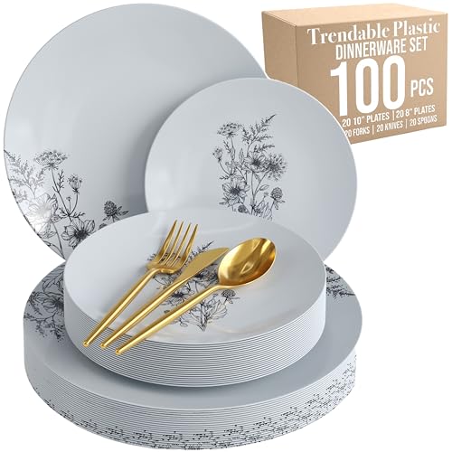 Trendables Fancy Plastic Dinnerware Sets 100 Pc 20 Guests Gold Silverware Disposable 20 X 10 Inch Charger Plates 20 X 8 Inch Dessert Plates 20 x Gold Plastic Forks and Spoons Knives In Dandelion Bloom - color: Dandelion Bloom