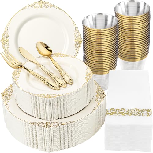 Morejoy 350PCS Lvory Plastic Plates,Lvory Gold Plastic Dinnerware Set - color: Lvory and Gold, size: 350 count