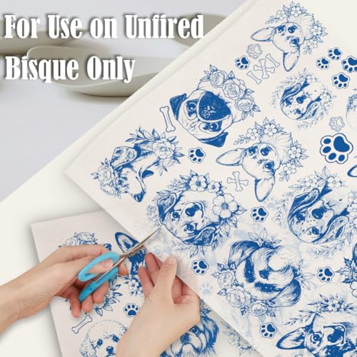 SUPERDANT 5PCS Dogs Underglaze Paper Transfer Floral Dog Transfer Papers for Clay Ceramic Porcelain Under Glaze Transfers for Pottery Enamel Decals Blue Decal Handcrafted Gifts - style: Flower with dog