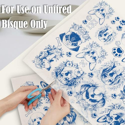 SUPERDANT 5PCS Dogs Underglaze Paper Transfer Floral Dog Transfer Papers for Clay Ceramic Porcelain Under Glaze Transfers for Pottery Enamel Decals Blue Decal Handcrafted Gifts - style: Flower with dog