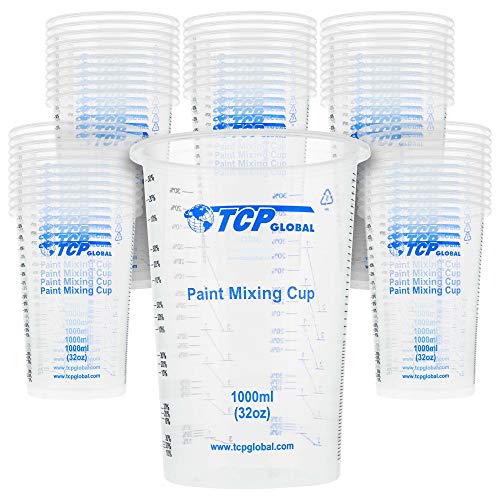 TCP Global 32 oz. (1000ml) Graduated Plastic Mixing Cups (Box of 50) - Disposable Plastic Measuring Cups for Liquids, Paints, Resin, Epoxy, Art, Kitchen - Ratios 2-1, 3-1, 4-1 ML