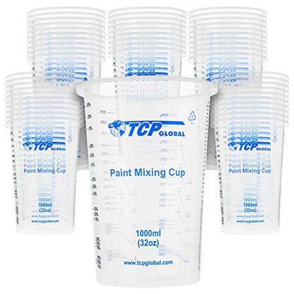 TCP Global 32 oz. (1000ml) Graduated Plastic Mixing Cups (Box of 50) - Disposable Plastic Measuring Cups for Liquids, Paints, Resin, Epoxy, Art, Kitchen - Ratios 2-1, 3-1, 4-1 ML