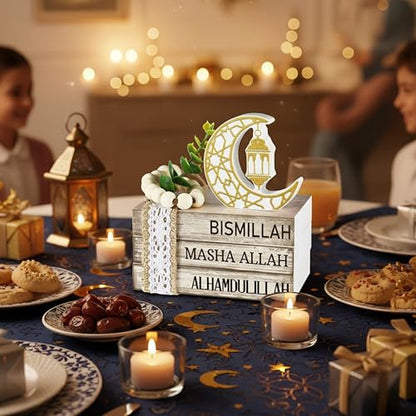 Ramadan Decorations for Home Eid Mubarak Decorations Wood Ramadan Table Sign Golden Moon Eid Tiered Tray Sign for Islamic Muslim Table Indoor Shelf Office Gifts - style: Ramadan
