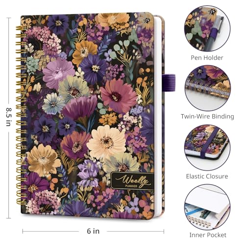 Taja Undated Weekly Planner, Weekly To Do List Notebook with Goal & Habit Tracker Organizer, A5 Weekly Planner Notebook with Spiral Binding, 6.1" x 8.2" - Midnight Bloom - color: s.Midnight Bloom