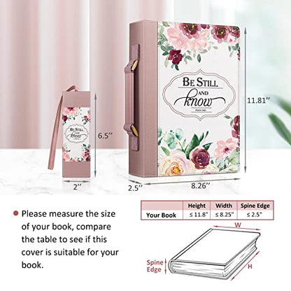 FINPAC Large Classic Bible Cover Vegan Leather Carrying Book Case Church Bag Bible Protective with Handle, Gift for Women, Mother, Friends, Rose Garden - color: Pinkish Purple Rose