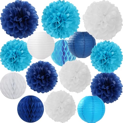 Blue Paper Flowers Tissue Pom Poms Honeycomb Lanterns 15pcs Light Royal Navy Party Decorations Boy Birthday Ocean Wedding Baby Bridal Shower Bachelorette Graduation Hanging Supplies Mprocherify - color: Blue
