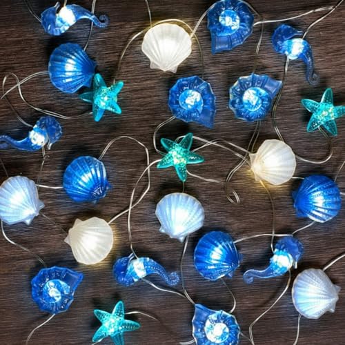 Xuhal 2 Sets Total 20 FT 60 LED Ocean Decor String Lights for Bedroom Beach Nautical Theme Lights of Marine Life Seashell Seahorse Conch Waterproof Decor Battery Operated for Beach Bedroom Holiday - style: Nautical