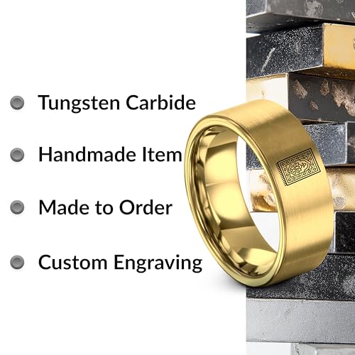 Gift for Muslim Devotee - Prayer Rug Pattern Ring - Black Yellow Rose Gold - Band - Anniversary Wedding - Personalized Custom Engraving - Flat Dome Bevel - 8mm - Men Women - Tungsten Carbide - color: 15 - Yellow Gold Tungsten