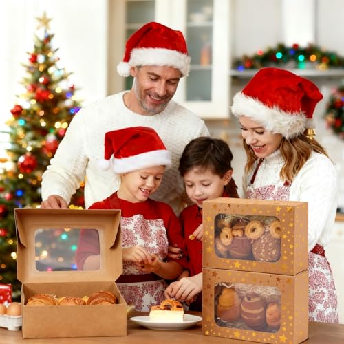 24 Pack Christmas Cookie Boxes,Gold Star Bakery Boxes with Window (9x6x3 Inch),Sturdy Pastry Boxes for Baked Goods,Treat Box for Holiday Gift Exchange, Cookie Tins with Lids for Gift Giving - color: Gold Star-Brown