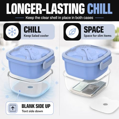 Salad Container with Ice Pack & Handle, 6.8 Cup / 1600ml Large Portable Salad Bowl Lunch Box with Lid, Fork Holder & Sauce Cup, 4-Compartment Removable Tray Meal Prep Bento Box, Blue - color: Blue