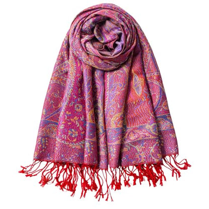 TUSHUSTY Pashmina Feel Shawls Wraps Rave Scarf for Women Soft Silky Reversible Men Scarves Hijab - color: Red Purple Yellow