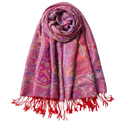 TUSHUSTY Pashmina Feel Shawls Wraps Rave Scarf for Women Soft Silky Reversible Men Scarves Hijab - color: Red Purple Yellow
