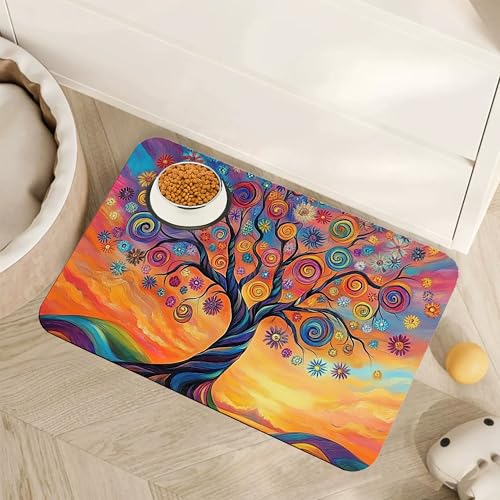 Abstract Tree Flowers Dog Food Mat for Floors,Color Absorbent Pet Food and Water Bowl Mats,Non-Slip Pet Feeding Mat,Pet Supplies 16" x 24" - color: Abstract Tree Flowers, size: 16"L x 16"W
