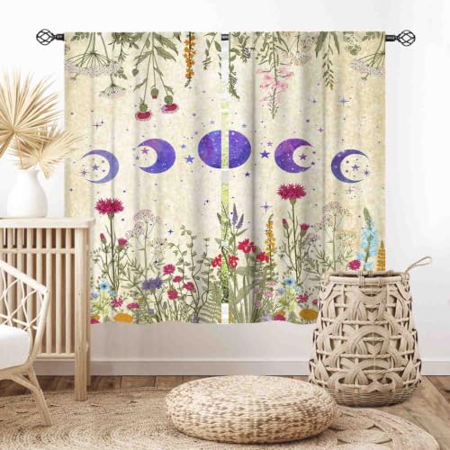 Wild Floral Moon Curtains, Boho Vintage Moon Phase Botanical Purple Moonlit Wildflower Plants Aesthetic Spring Flower Blackout Window Drapes Treatments for Bedroom Living Room Kitchen, 42"x45" Inch - color: Moonlit-01, size: 21"W x 45"L (Pack of 2)