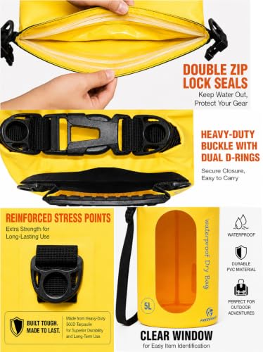 Freegrace Waterproof Dry Bag Set of 3 - Submersible Dry Sack with Double Zip Lock Seals - Includes Waist Pouch & Phone Case - Perfect for Kayaking, Swimming, Boating & Rafting (Yellow(Window), 20L) - color: Yellow, size: 20L, style: Window