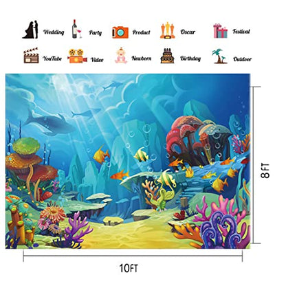 CHAIYA Under The Sea Backdrop Ocean Little Mermaid Backdrop Background for Under The Sea Theme Baby Shower Photo Booth Banner Party Cake Table Decoration 10x8ft - size: 10′x8′
