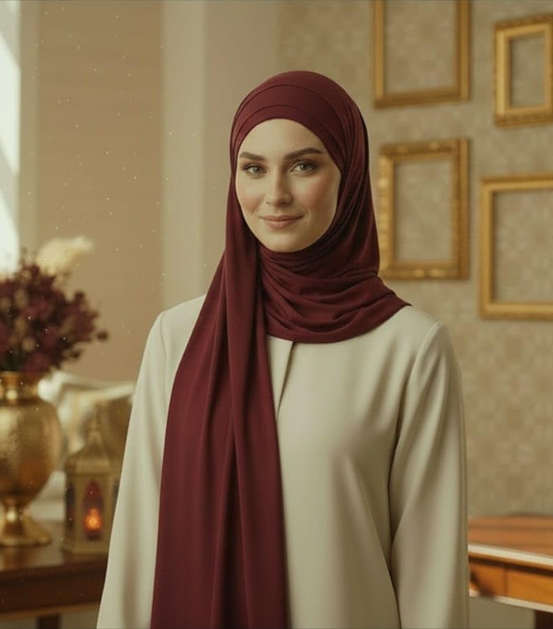 Cotton Modal Jersey Hijab with Matching Undercap, Women's Casual Style, 180cm × 70cm - color: Maroon