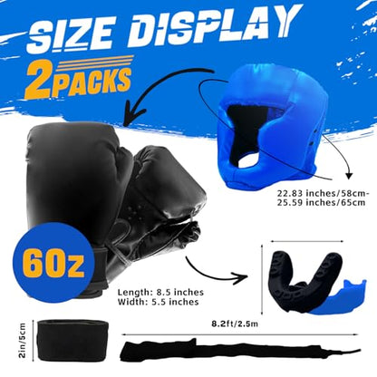 14 Pcs Boxing Set Boxing Equipment Set for Beginners Including 2 Pair of 6 oz Boxing Gloves Headgear Helmet Hand Wraps Mouth Guards Gifts Training Equipment - color: Black & Blue