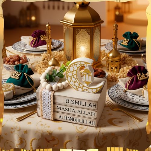 Ramadan Decorations for Home Eid Mubarak Decorations Wood Ramadan Table Sign Golden Moon Eid Tiered Tray Sign for Islamic Muslim Table Indoor Shelf Office Gifts - style: Ramadan