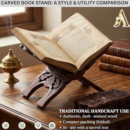 AnNafi® Wooden Book Holder Stand | Rehel/Rehal For Quran Geeta Bible | Indian Book Holders For Reading Hands Free For Desk Carved Antique | Holy Book Stand Prayer/Pooja Wood Islam Decor Handmade Gifts