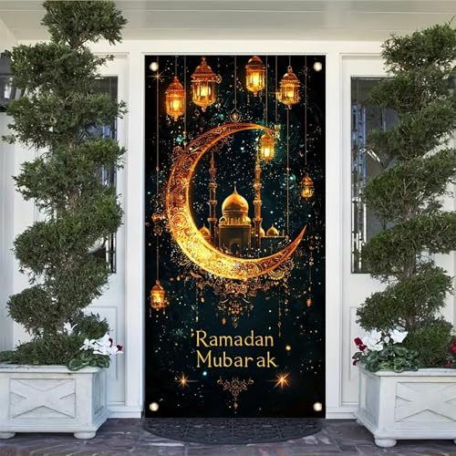 Ramadan Door Cover Banner 71x35 inch Golden Crescent Moon Mosque Lantern Design Ramadan Mubarak Islamic Door Decoration for Front Door Indoor Outdoor Festival Home Decor - color: Style 2
