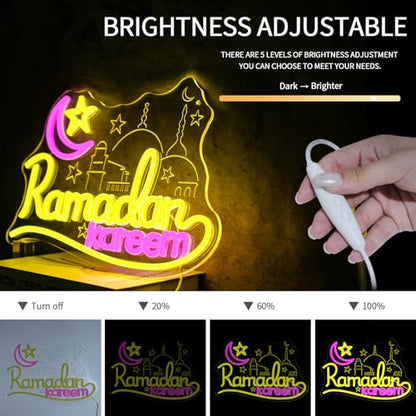 Ramadan Kareem Neon Sign for Wall Decor Dimmable Islamic Mubarak Led Neon Lights Muslim Moon Star LED Signs for Bedroom Religious Church Home Prayer Party Mosque Decoration Gifts - style: Ramadan Kareem