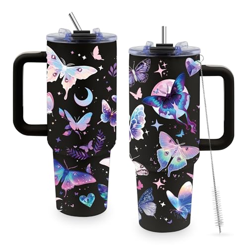 40oz Tumbler with Handle & Straw, Butterfly Gifts for Women | Insulated Stainless Steel Travel Mug, Holiday, Birthday Gifts for Women, Friends, Daughter, Mom - color: Butterfly-Black