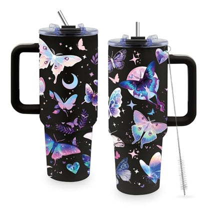 40oz Tumbler with Handle & Straw, Butterfly Gifts for Women | Insulated Stainless Steel Travel Mug, Holiday, Birthday Gifts for Women, Friends, Daughter, Mom - color: Butterfly-Black