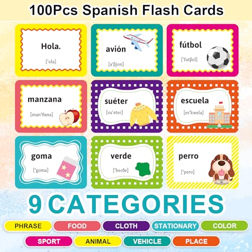Ceiba Tree Spanish Conversational Phrase Flash Cards English to Spanish 100Pcs Double-Sided Bilingual Vocabulary Flashcards Learn Español Toys for Kids Adult Beginners Toddlers Grade School Classroom