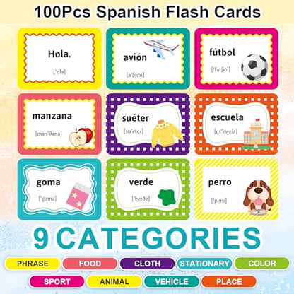 Ceiba Tree Spanish Conversational Phrase Flash Cards English to Spanish 100Pcs Double-Sided Bilingual Vocabulary Flashcards Learn Español Toys for Kids Adult Beginners Toddlers Grade School Classroom