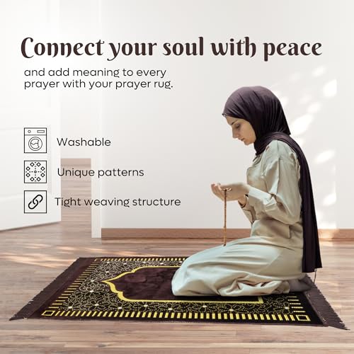 Muslim Prayer Rug, Soft Plush Thin Islamic Prayer Mat, Janamaz, Sajada, Praying Carpet, Islamic Gift, Foldable Portable Turkish Prayer Mat for Men&Women, Lightweight Travel Prayer Rug, 26"x43" - color: Riyadh / Browncacao