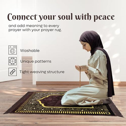 Muslim Prayer Rug, Soft Plush Thin Islamic Prayer Mat, Janamaz, Sajada, Praying Carpet, Islamic Gift, Foldable Portable Turkish Prayer Mat for Men&Women, Lightweight Travel Prayer Rug, 26"x43" - color: Riyadh / Browncacao